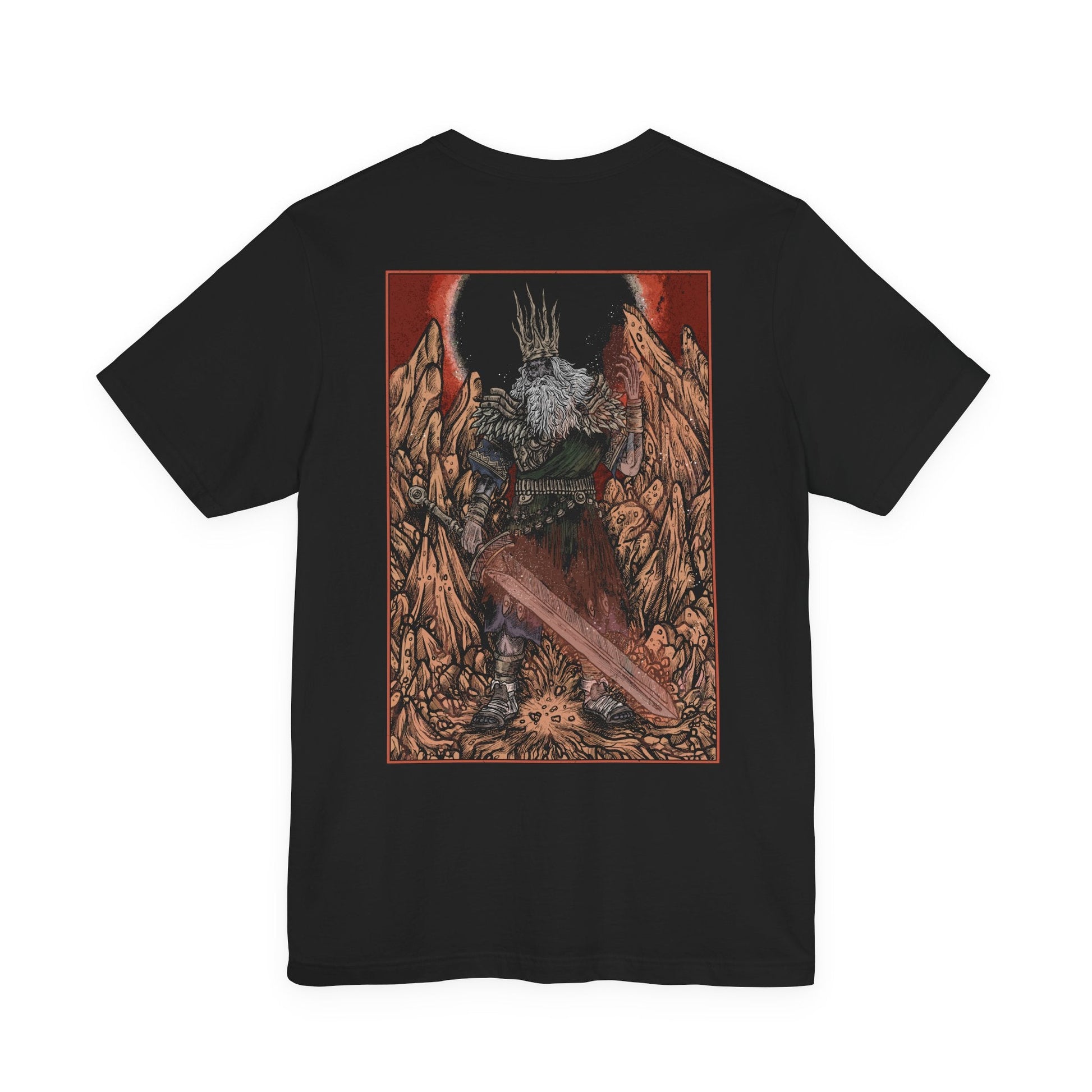 Image 5 of a T-shirt featuring Gwyn, Lord of Cinder from Dark Souls, the once-mighty god who linked the First Flame to prolong the Age of Fire. Now a hollowed husk, Gwyn wields a flaming greatsword in a final act of sacrifice. This design captures the solemn tragedy of his fall from divine king to fading ember in the Kiln.
