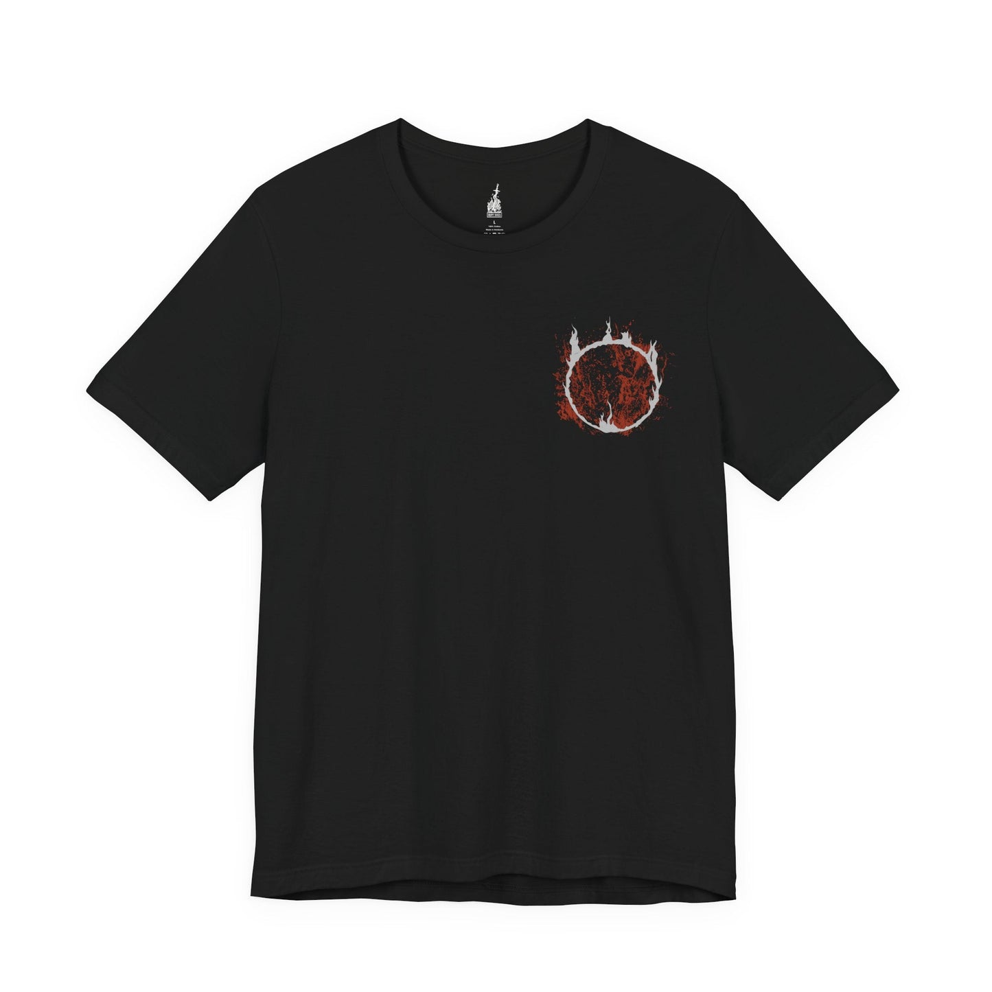Image 3 of a Black T-shirt featuring Gwyn, Lord of Cinder from Dark Souls, the once-mighty god who linked the First Flame to prolong the Age of Fire. Now a hollowed husk, Gwyn wields a flaming greatsword in a final act of sacrifice. This design captures the solemn tragedy of his fall from divine king to fading ember in the Kiln.