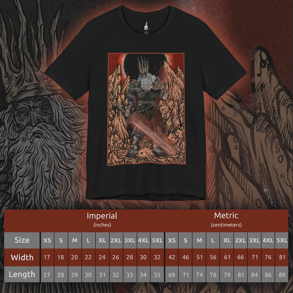 Size chart of a T-shirt featuring Gwyn, Lord of Cinder from Dark Souls, the once-mighty god who linked the First Flame to prolong the Age of Fire. Now a hollowed husk, Gwyn wields a flaming greatsword in a final act of sacrifice. This design captures the solemn tragedy of his fall from divine king to fading ember in the Kiln.