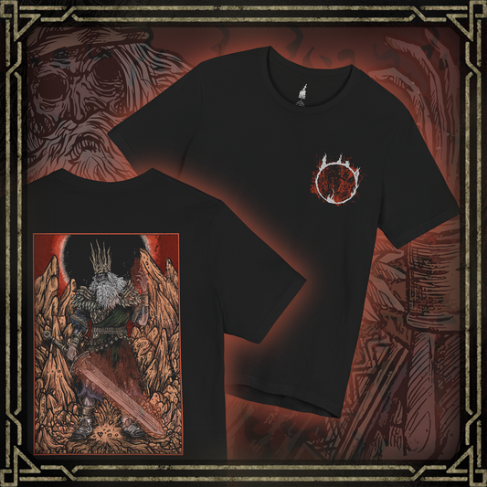 Thumbnail of a T-shirt featuring Gwyn, Lord of Cinder from Dark Souls, the once-mighty god who linked the First Flame to prolong the Age of Fire. Now a hollowed husk, Gwyn wields a flaming greatsword in a final act of sacrifice. This design captures the solemn tragedy of his fall from divine king to fading ember in the Kiln.