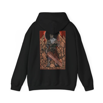 Image 5 of a Hooded Sweatshirt showcasing Gwyn, Lord of Cinder from Dark Souls, the fallen deity who founded the Age of Fire. His majestic armor scorched and his glory reduced to embers, Gwyn stands as a husk of his former self—still guarding the flame he once kindled. With his burning greatsword and regal yet broken posture, this design reflects the sacrifice and sorrow that define one of the game’s most pivotal and emotional final encounters.