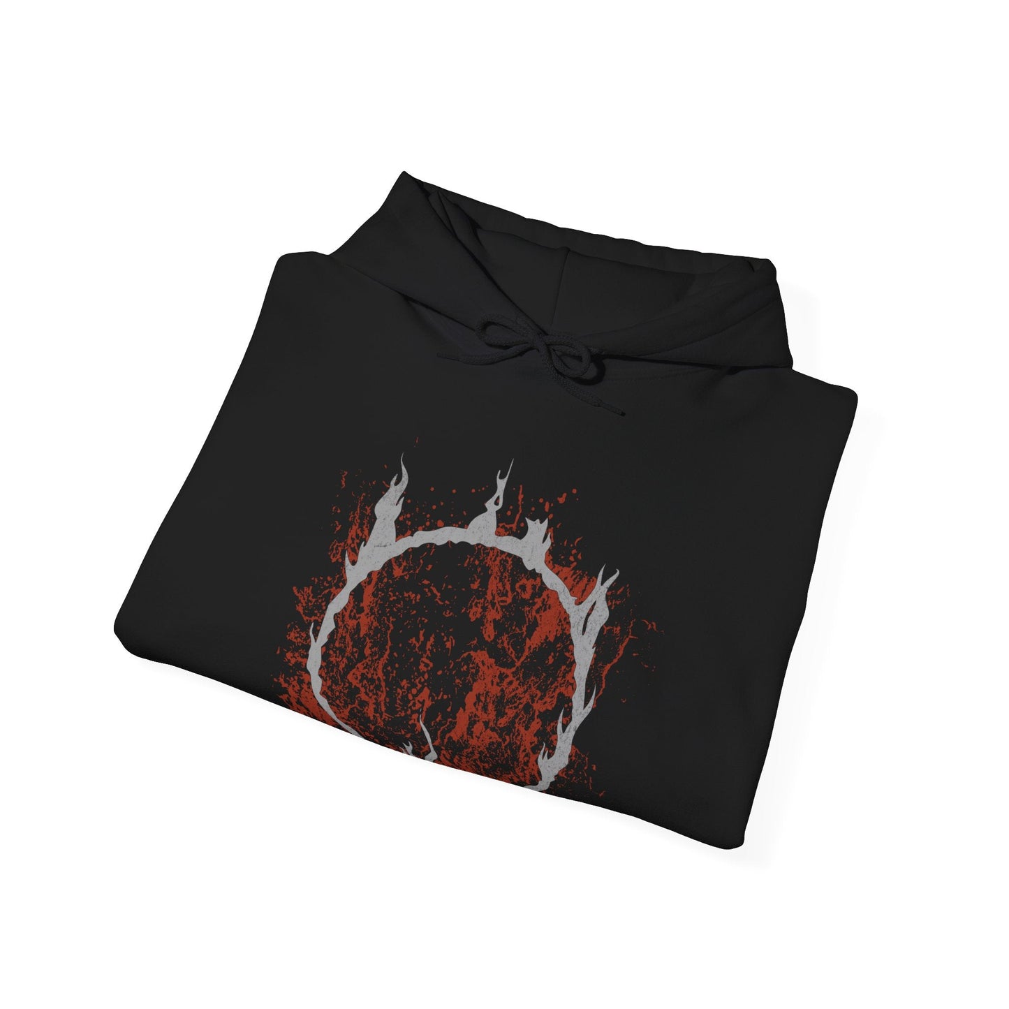 Folded Hooded Sweatshirt featuring Gwyn, Lord of Cinder from Dark Souls in a grim design, capturing his fiery, decayed form and tragic fall from grace, ideal for fans who revere the tragic, fallen king and his role in the age of fire.