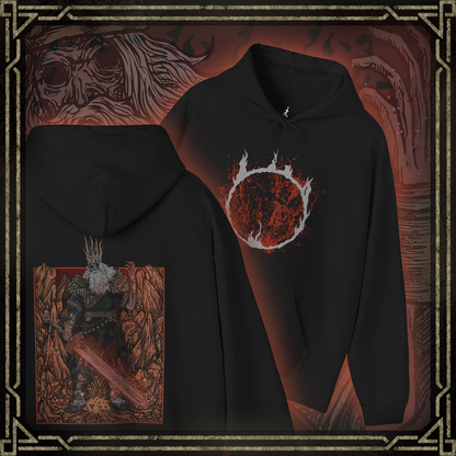 Thumbnail of a Hooded Sweatshirt featuring Gwyn, Lord of Cinder from Dark Souls in a grim design, capturing his fiery, decayed form and tragic fall from grace, ideal for fans who revere the tragic, fallen king and his role in the age of fire.