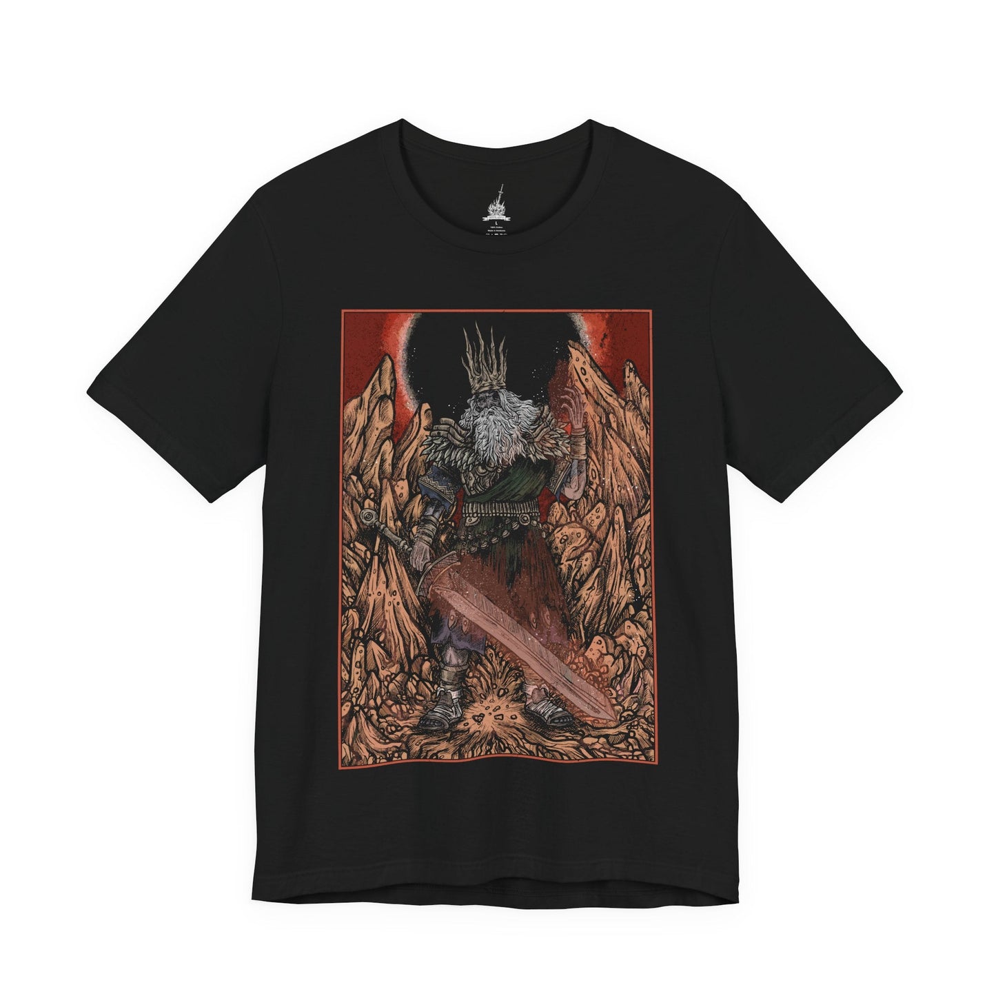 Image 4 of a T-shirt featuring Gwyn, Lord of Cinder from Dark Souls, the once-mighty god who sacrificed his soul to link the First Flame. Clad in tattered robes and wielding a flaming greatsword, Gwyn is a tragic figure—his power diminished, his body consumed by fire. This design captures his solemn stance within the Kiln of the First Flame, symbolizing the fading age of gods and the cost of clinging to light in a world on the brink of darkness.
