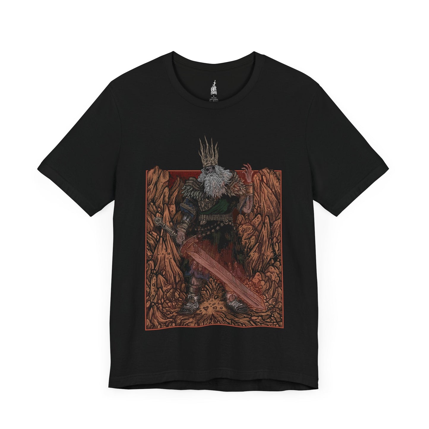 Image number 3 of a Black T-shirt featuring Gwyn, Lord of Cinder from Dark Souls in a grim design, capturing his fiery, decayed form and tragic fall from grace, ideal for fans who revere the tragic, fallen king and his role in the age of fire.