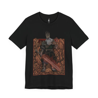 Image number 3 of a Black T-shirt featuring Gwyn, Lord of Cinder from Dark Souls in a grim design, capturing his fiery, decayed form and tragic fall from grace, ideal for fans who revere the tragic, fallen king and his role in the age of fire.