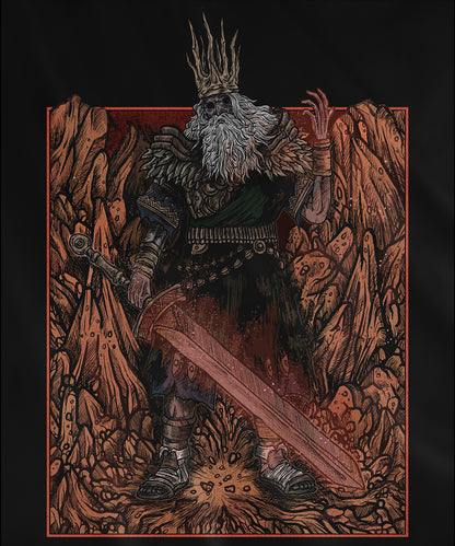 Design used for a T-shirt featuring Gwyn, Lord of Cinder from Dark Souls in a grim design, capturing his fiery, decayed form and tragic fall from grace, ideal for fans who revere the tragic, fallen king and his role in the age of fire.