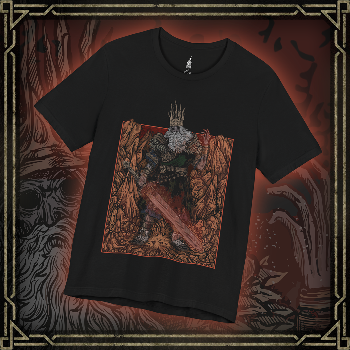 Thumbnail of a T-shirt featuring Gwyn, Lord of Cinder from Dark Souls in a grim design, capturing his fiery, decayed form and tragic fall from grace, ideal for fans who revere the tragic, fallen king and his role in the age of fire.