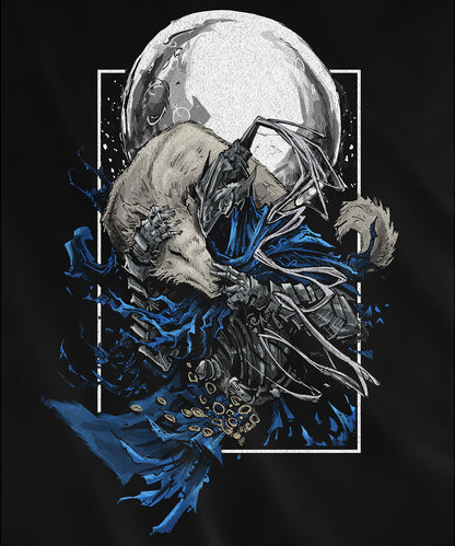 Design used for a Hooded Sweatshirt featuring Knight Artorias and his loyal companion Grey Wolf Sif from Dark Souls, capturing their legendary bond and heroic presence, perfect for fans who honor this iconic duo and their tragic story.