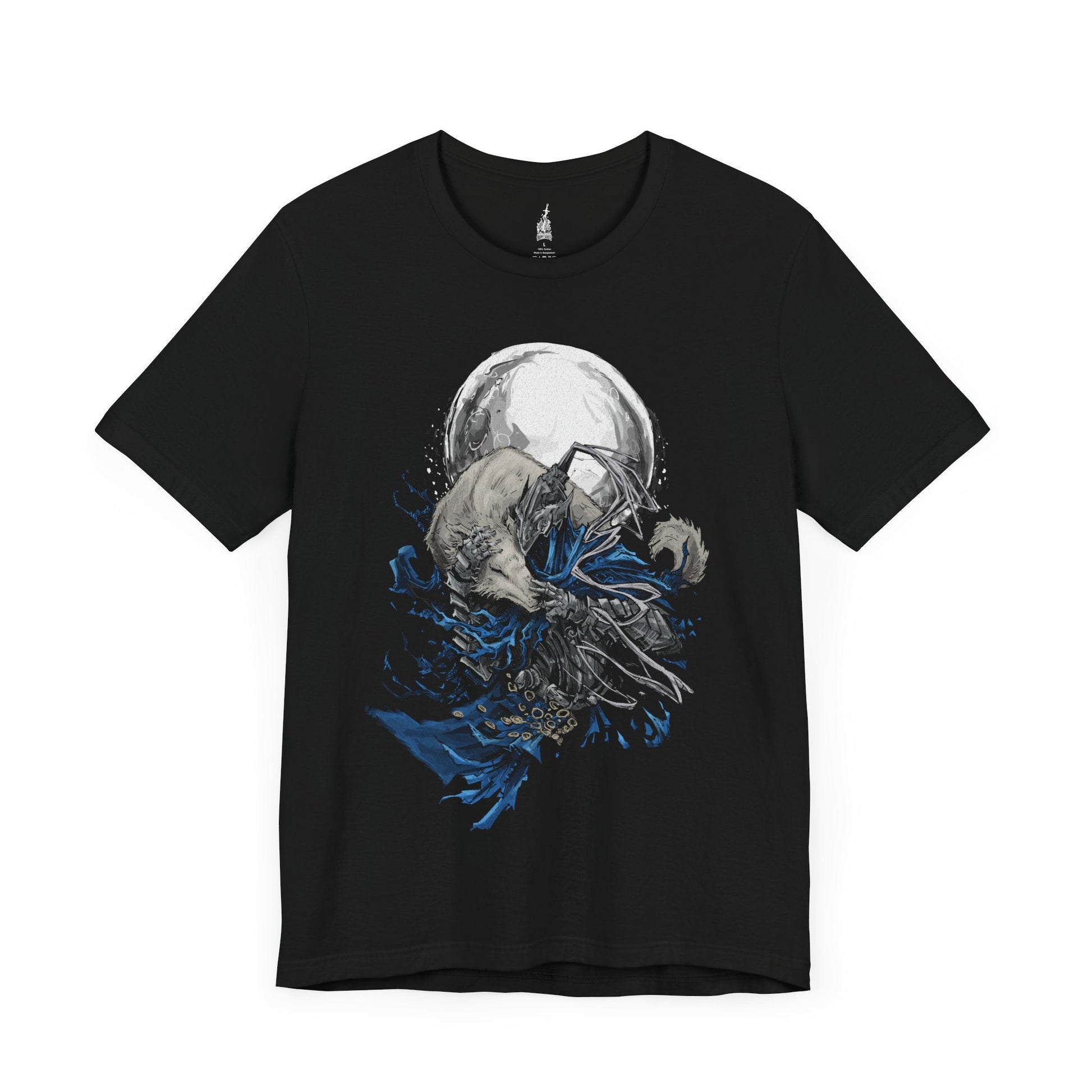 Image number 3 of a Black T-shirt featuring Knight Artorias and his loyal companion Grey Wolf Sif from Dark Souls, capturing their legendary bond and heroic presence, perfect for fans who honor this iconic duo and their tragic story.