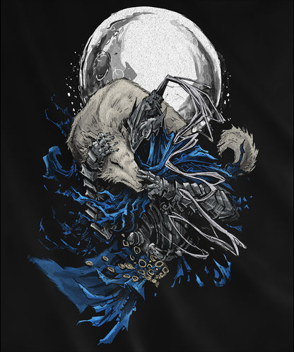 Design used for a T-shirt featuring Knight Artorias and his loyal companion Grey Wolf Sif from Dark Souls, capturing their legendary bond and heroic presence, perfect for fans who honor this iconic duo and their tragic story.