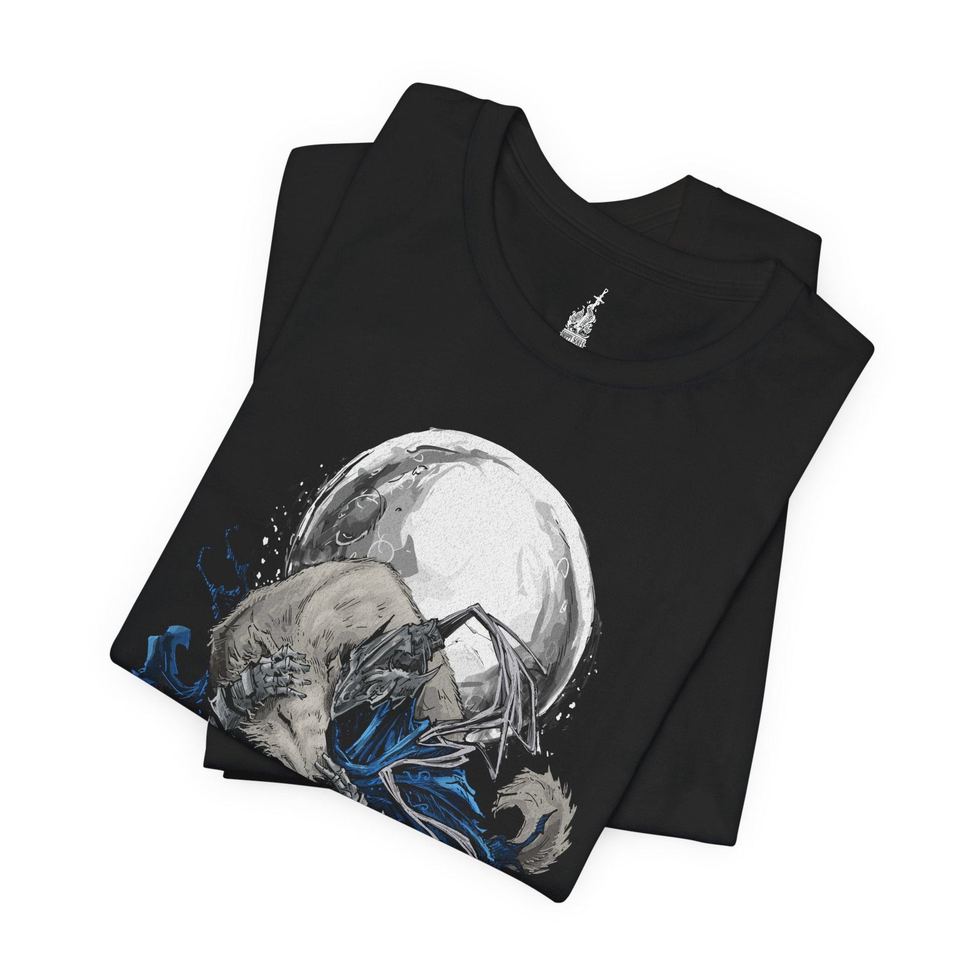 Folded T-shirt featuring Knight Artorias and his loyal companion Grey Wolf Sif from Dark Souls, capturing their legendary bond and heroic presence, perfect for fans who honor this iconic duo and their tragic story.