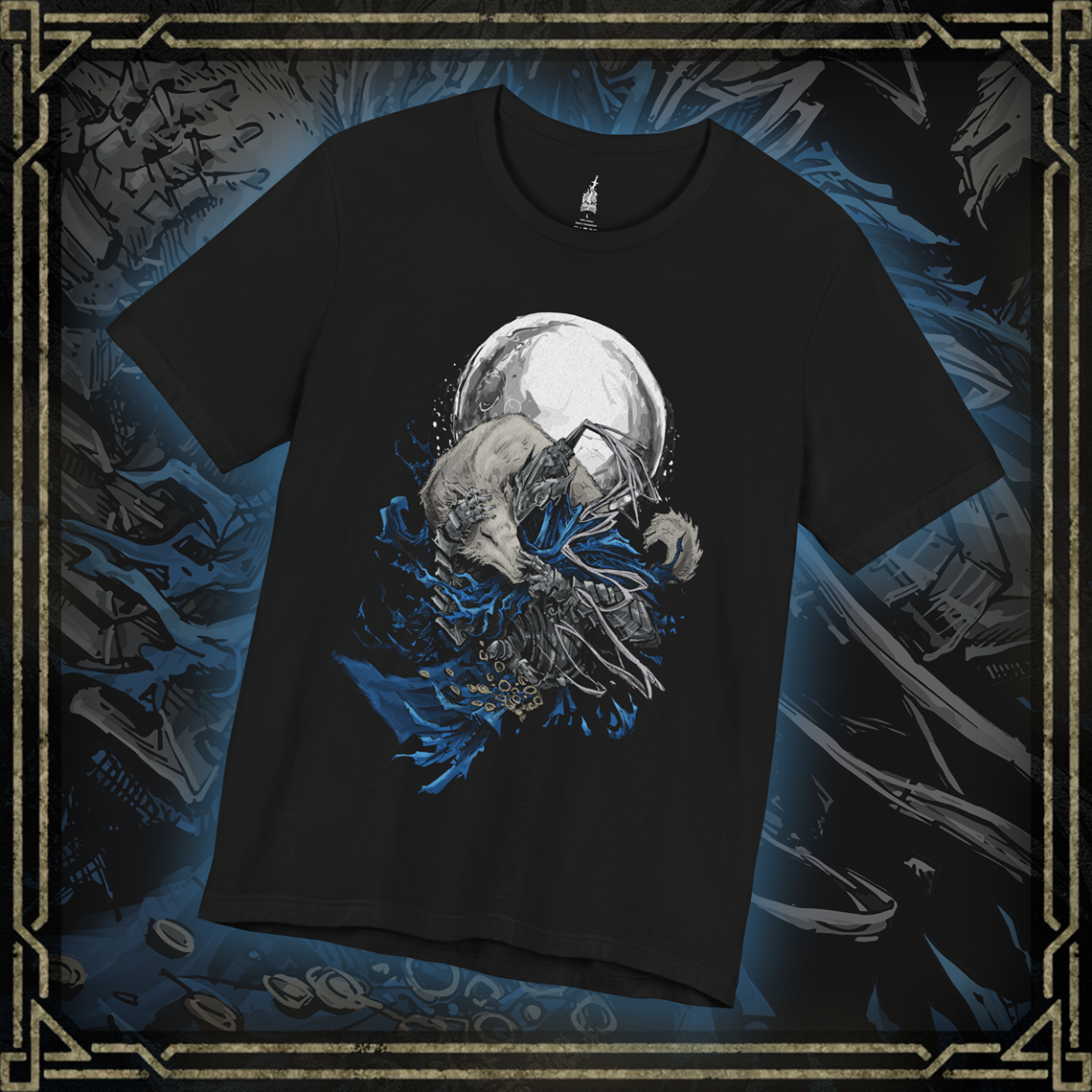 Thumbnail of a T-shirt featuring Knight Artorias and his loyal companion Grey Wolf Sif from Dark Souls, capturing their legendary bond and heroic presence, perfect for fans who honor this iconic duo and their tragic story.