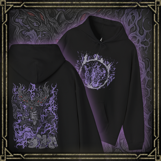 Thumbnail of a Hooded Sweatshirt showcasing Manus, the Father of the Abyss, a corrupted being born of humanity gone mad in Dark Souls. His monstrous arm and voidlike presence symbolize the destructive hunger of unbound emotion. This artwork channels the sorrow and fury that drove him to consume the kingdom of Oolacile in darkness.