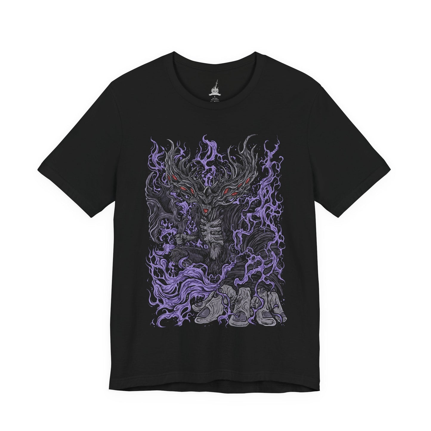 Image 4 of a T-shirt featuring Manus, Father of the Abyss from Dark Souls, the primeval man whose humanity was shattered into darkness. A towering, writhing figure of shadow and rage, Manus unleashed the Abyss upon Oolacile in his frenzied search for his lost pendant. This design captures his terrifying form and tragic origin as the source of the Abyss.