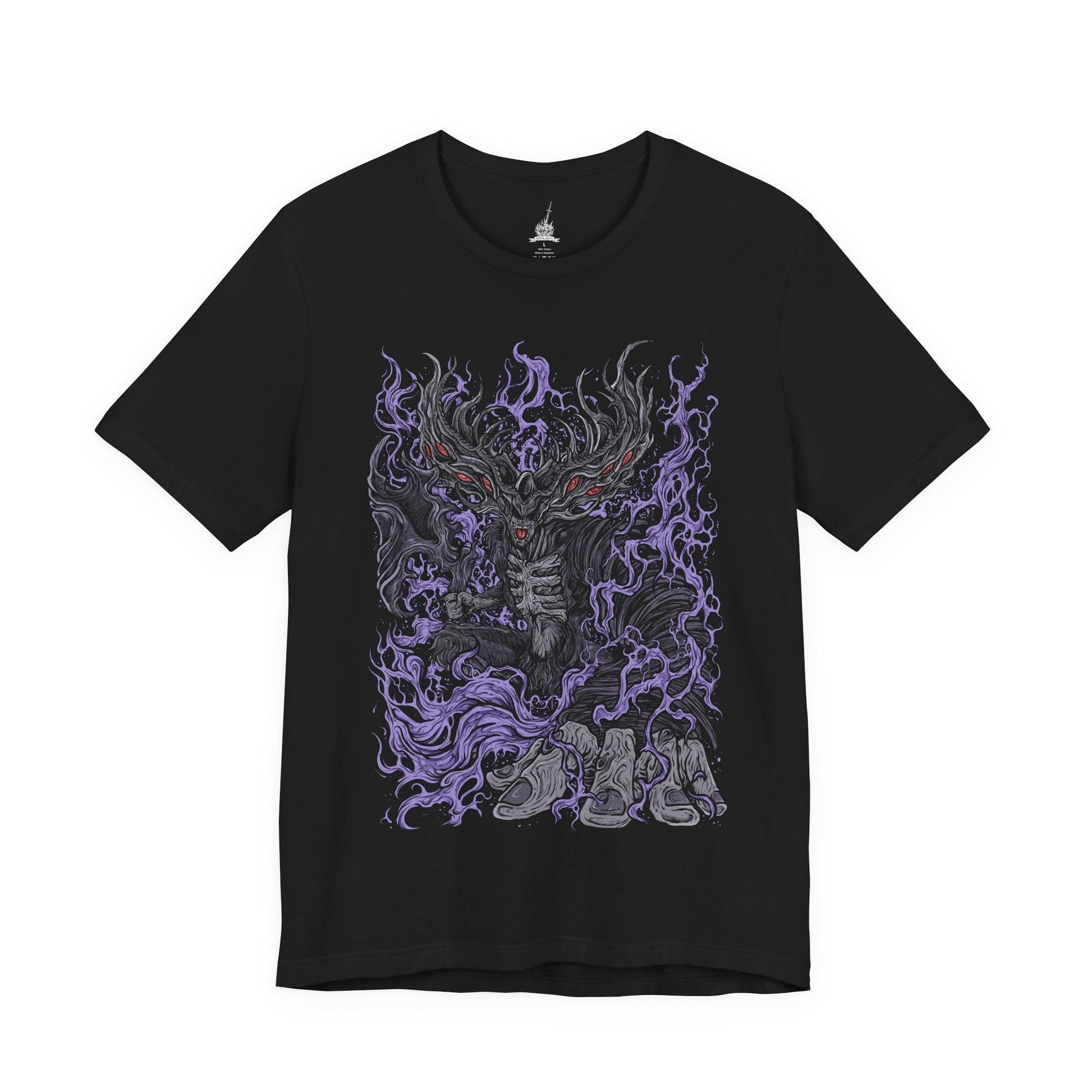 Image 4 of a T-shirt featuring Manus, Father of the Abyss from Dark Souls, the primeval man whose humanity was shattered into darkness. A towering, writhing figure of shadow and rage, Manus unleashed the Abyss upon Oolacile in his frenzied search for his lost pendant. This design captures his terrifying form and tragic origin as the source of the Abyss.