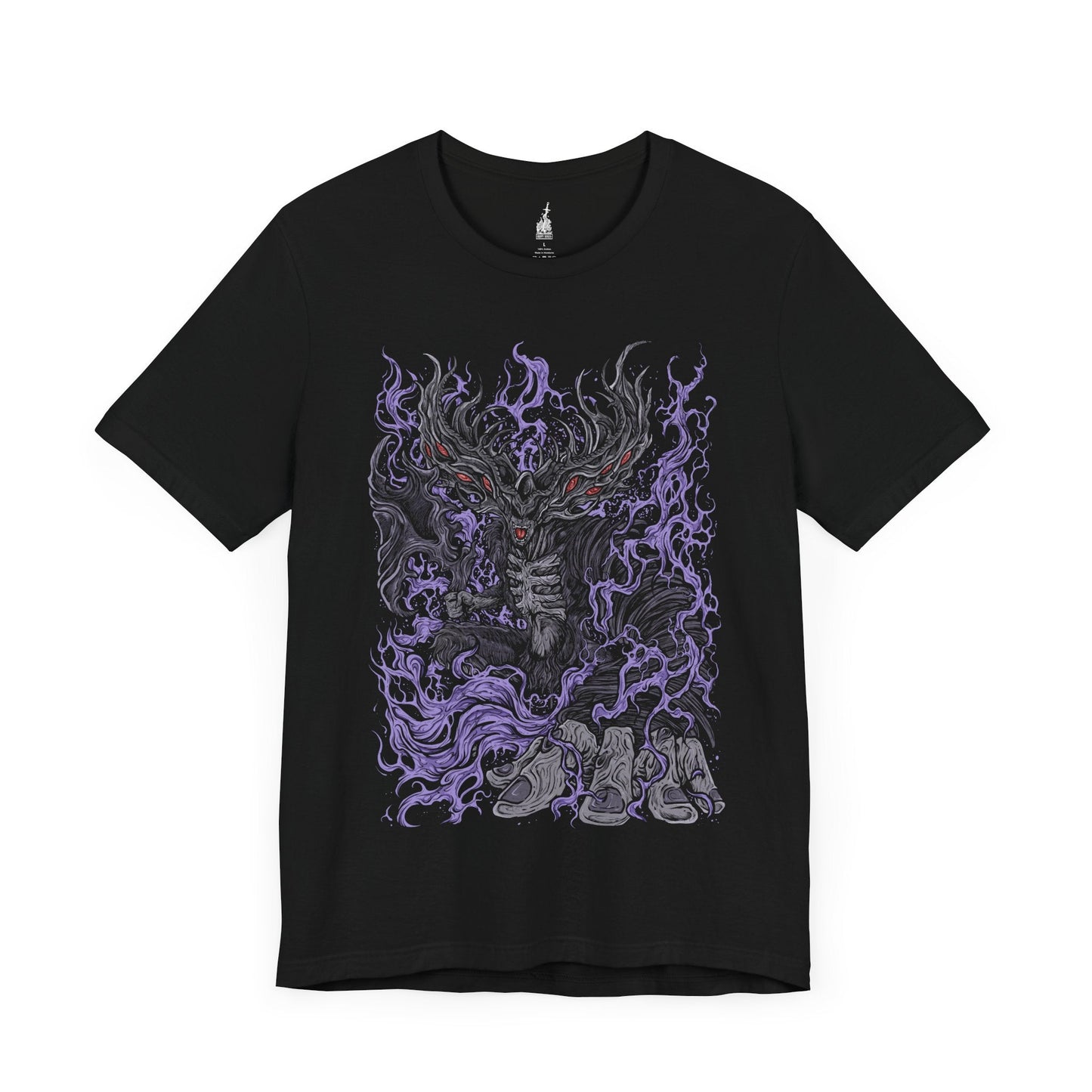 Image 3 of a Black T-shirt featuring Manus, Father of the Abyss from Dark Souls, the primeval man whose humanity was shattered into darkness. A towering, writhing figure of shadow and rage, Manus unleashed the Abyss upon Oolacile in his frenzied search for his lost pendant. This design captures his terrifying form and tragic origin as the source of the Abyss.