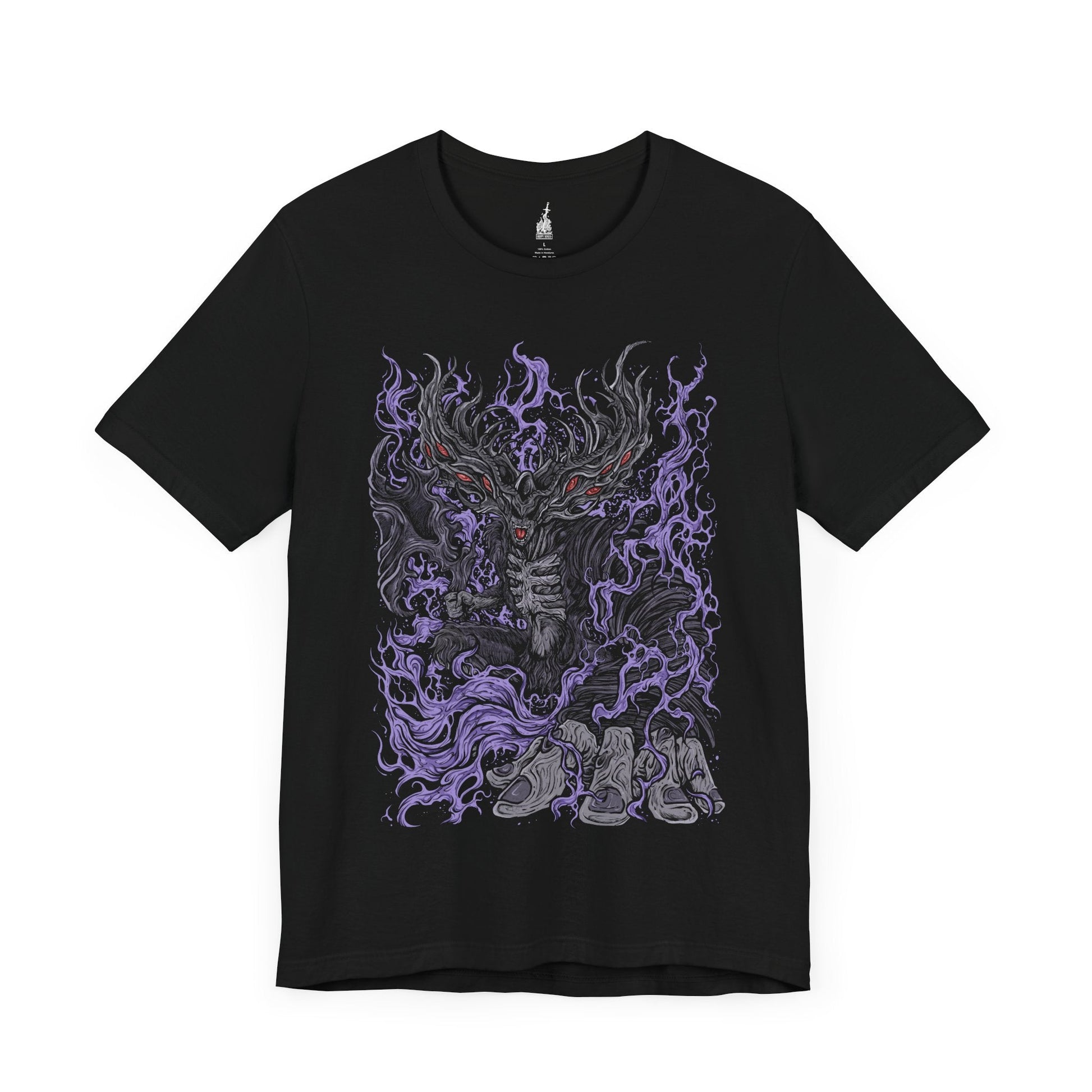 Image 3 of a Black T-shirt featuring Manus, Father of the Abyss from Dark Souls, the primeval man whose humanity was shattered into darkness. A towering, writhing figure of shadow and rage, Manus unleashed the Abyss upon Oolacile in his frenzied search for his lost pendant. This design captures his terrifying form and tragic origin as the source of the Abyss.