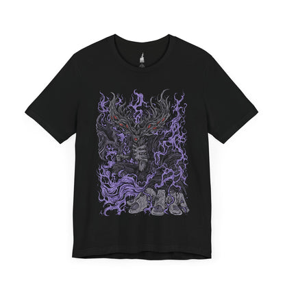 Image 3 of a Black T-shirt featuring Manus, Father of the Abyss from Dark Souls, the primeval man whose humanity was shattered into darkness. A towering, writhing figure of shadow and rage, Manus unleashed the Abyss upon Oolacile in his frenzied search for his lost pendant. This design captures his terrifying form and tragic origin as the source of the Abyss.