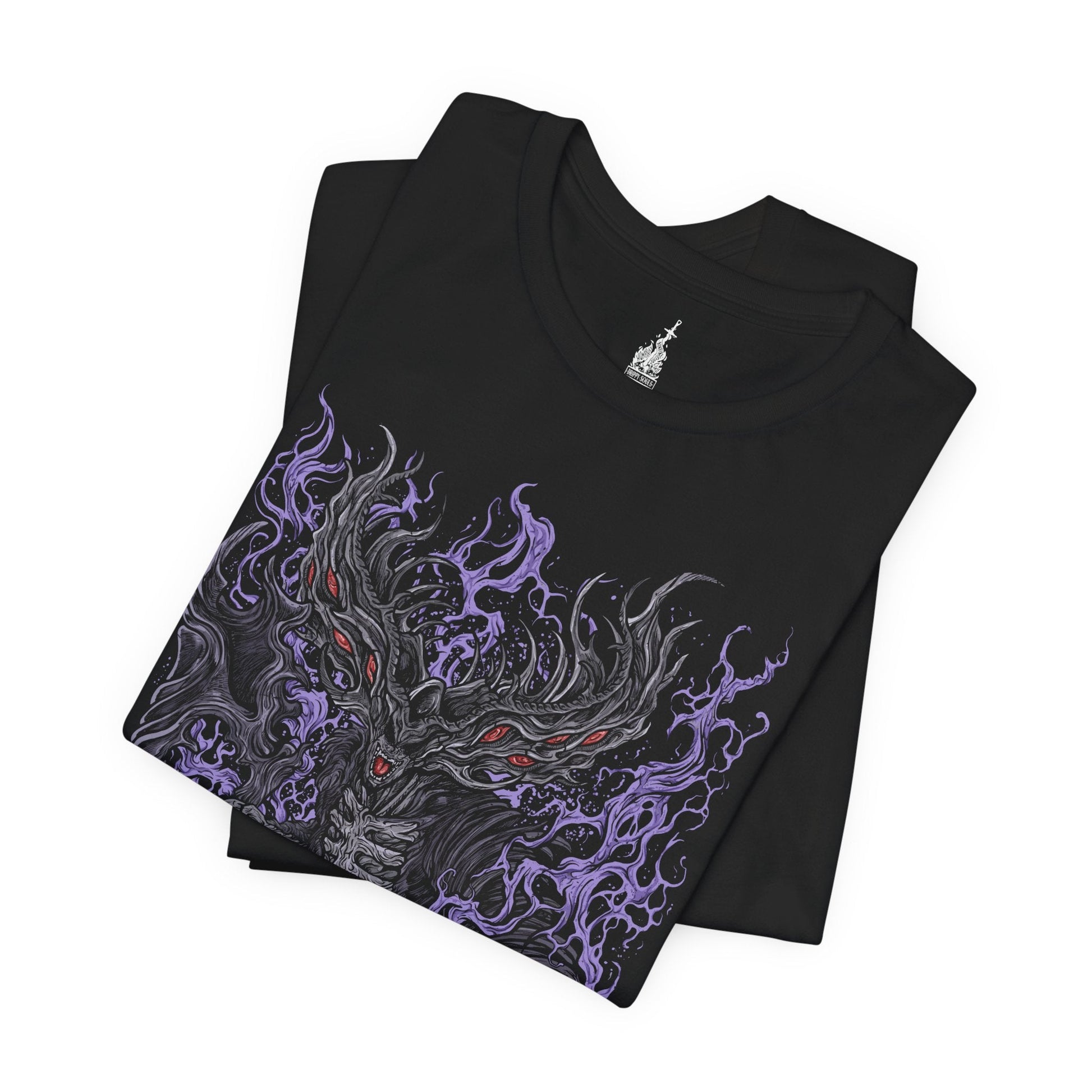 Folded T-shirt featuring Manus, Father of the Abyss from Dark Souls, the primeval man whose humanity was shattered into darkness. A towering, writhing figure of shadow and rage, Manus unleashed the Abyss upon Oolacile in his frenzied search for his lost pendant. This design captures his terrifying form and tragic origin as the source of the Abyss.