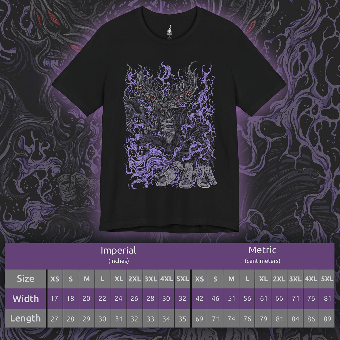 Size chart of a T-shirt featuring Manus, Father of the Abyss from Dark Souls, the primeval man whose humanity was shattered into darkness. A towering, writhing figure of shadow and rage, Manus unleashed the Abyss upon Oolacile in his frenzied search for his lost pendant. This design captures his terrifying form and tragic origin as the source of the Abyss.
