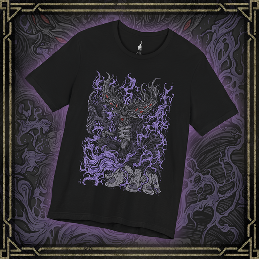 Thumbnail of a T-shirt featuring Manus, Father of the Abyss from Dark Souls, the primeval man whose humanity was shattered into darkness. A towering, writhing figure of shadow and rage, Manus unleashed the Abyss upon Oolacile in his frenzied search for his lost pendant. This design captures his terrifying form and tragic origin as the source of the Abyss.