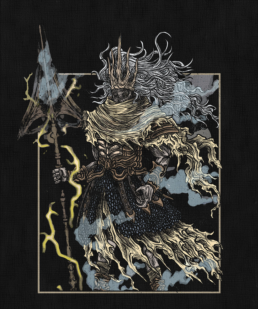 Concept Art of Dark Souls Nameless King Grim. In Dark Souls 3, the Nameless King is Gwyn’s banished son, forgotten by the gods for siding with dragons. Mounted on the mighty Stormdrake, King of the Storm, he commands lightning and wind with divine fury. His presence looms over Archdragon Peak as a test of true strength.