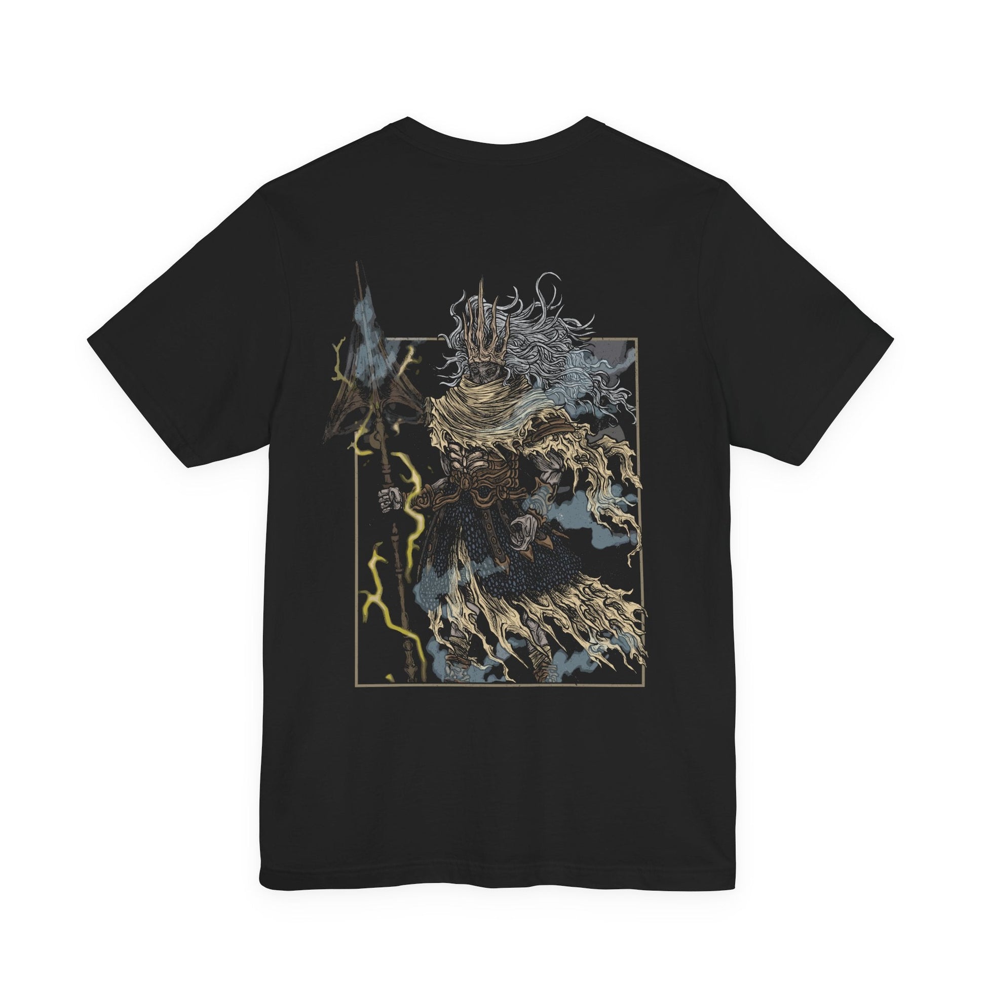 Image 4 of a T-shirt featuring the Nameless King from Dark Souls III, the forgotten god of war and firstborn of Gwyn, who chose dragons over the gods. Mounted on the storm-summoning King of the Storm, he descends from the skies wreathed in thunder. This design captures his divine wrath and mythic presence above Archdragon Peak.