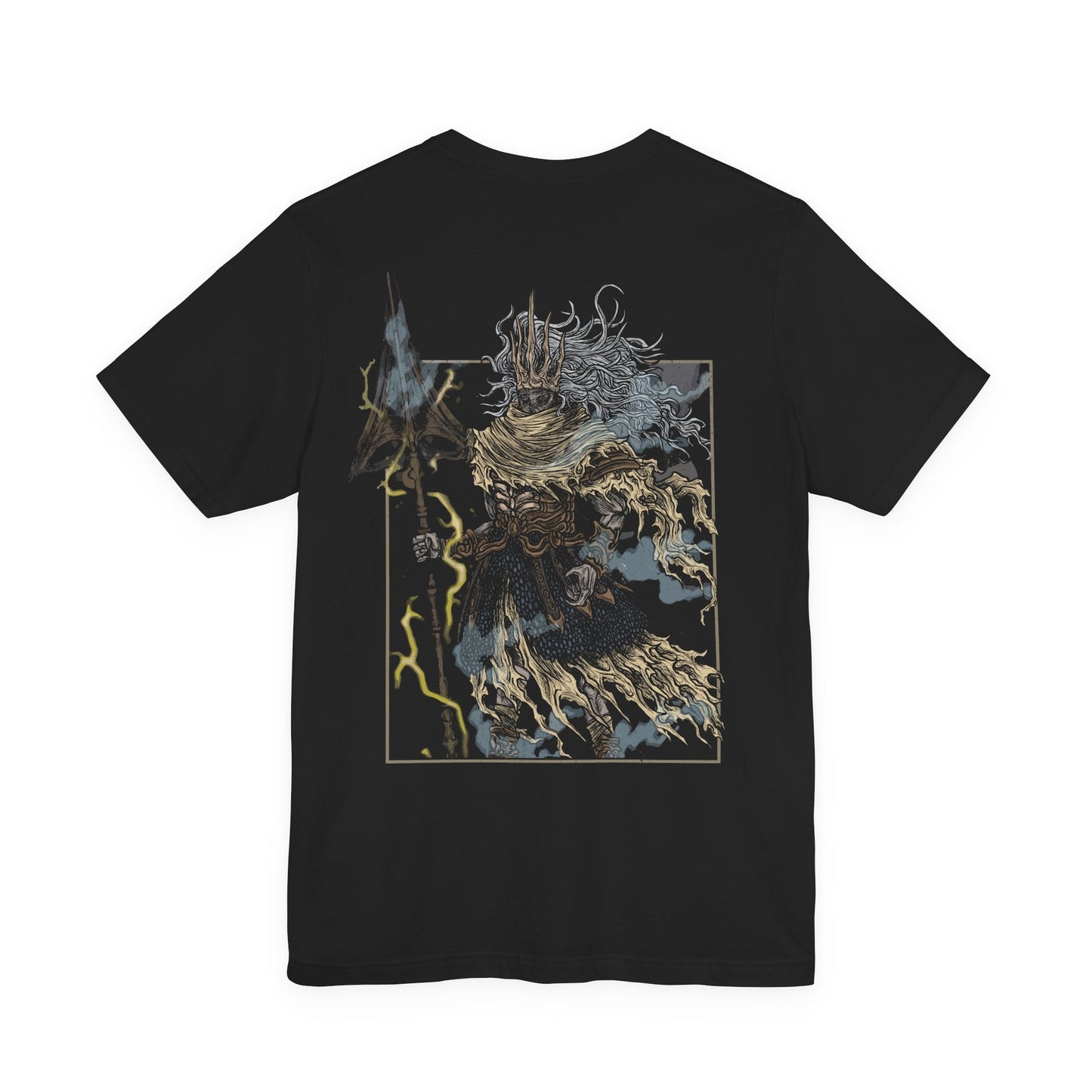 Image 5 of a T-shirt featuring the Nameless King from Dark Souls III, the forgotten god of war and firstborn of Gwyn, who chose dragons over the gods. Mounted on the storm-summoning King of the Storm, he descends from the skies wreathed in thunder. This design captures his divine wrath and mythic presence above Archdragon Peak.
