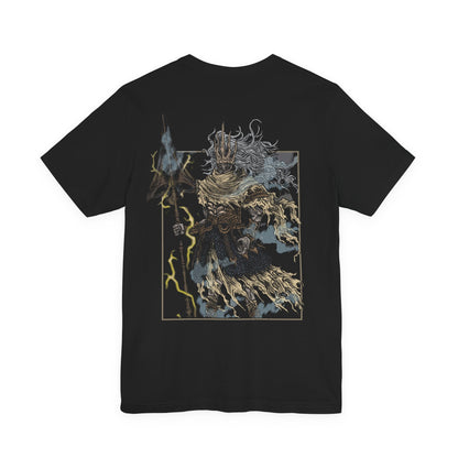 Image 5 of a T-shirt featuring the Nameless King from Dark Souls III, the forgotten god of war and firstborn of Gwyn, who chose dragons over the gods. Mounted on the storm-summoning King of the Storm, he descends from the skies wreathed in thunder. This design captures his divine wrath and mythic presence above Archdragon Peak.