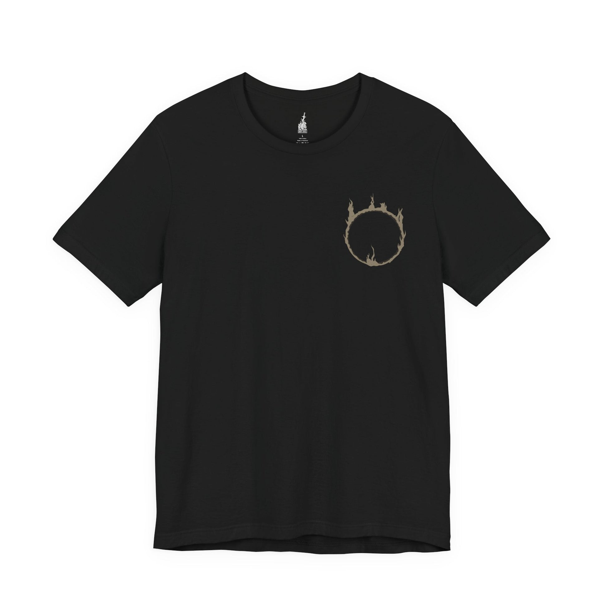 Image 3 of a Black T-shirt featuring the Nameless King from Dark Souls III, the forgotten god of war and firstborn of Gwyn, who chose dragons over the gods. Mounted on the storm-summoning King of the Storm, he descends from the skies wreathed in thunder. This design captures his divine wrath and mythic presence above Archdragon Peak.