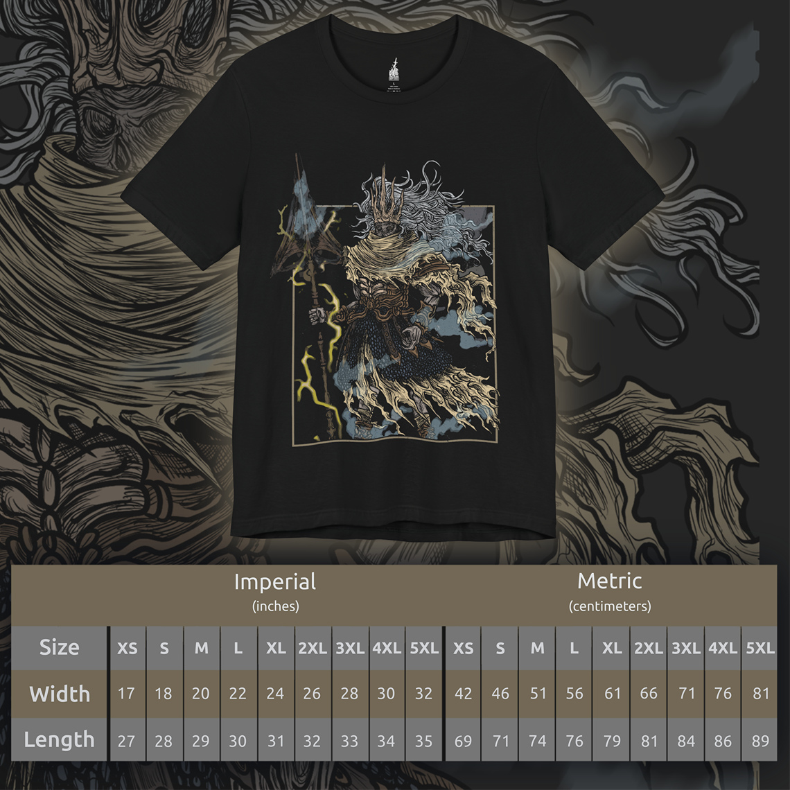 Size chart of a T-shirt featuring the Nameless King from Dark Souls III, the forgotten god of war and firstborn of Gwyn, who chose dragons over the gods. Mounted on the storm-summoning King of the Storm, he descends from the skies wreathed in thunder. This design captures his divine wrath and mythic presence above Archdragon Peak.