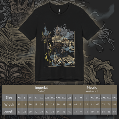 Size chart of a T-shirt featuring the Nameless King from Dark Souls III, the forgotten god of war and firstborn of Gwyn, who chose dragons over the gods. Mounted on the storm-summoning King of the Storm, he descends from the skies wreathed in thunder. This design captures his divine wrath and mythic presence above Archdragon Peak.