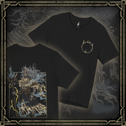Thumbnail of a T-shirt featuring the Nameless King from Dark Souls III, the forgotten god of war and firstborn of Gwyn, who chose dragons over the gods. Mounted on the storm-summoning King of the Storm, he descends from the skies wreathed in thunder. This design captures his divine wrath and mythic presence above Archdragon Peak.