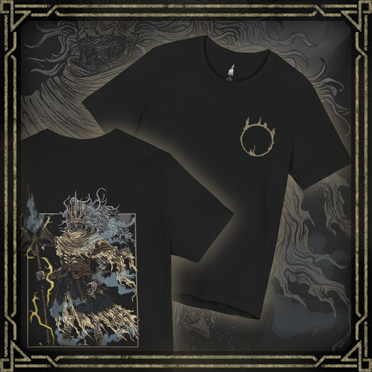 Thumbnail of a T-shirt featuring the Nameless King from Dark Souls III, the forgotten god of war and firstborn of Gwyn, who chose dragons over the gods. Mounted on the storm-summoning King of the Storm, he descends from the skies wreathed in thunder. This design captures his divine wrath and mythic presence above Archdragon Peak.