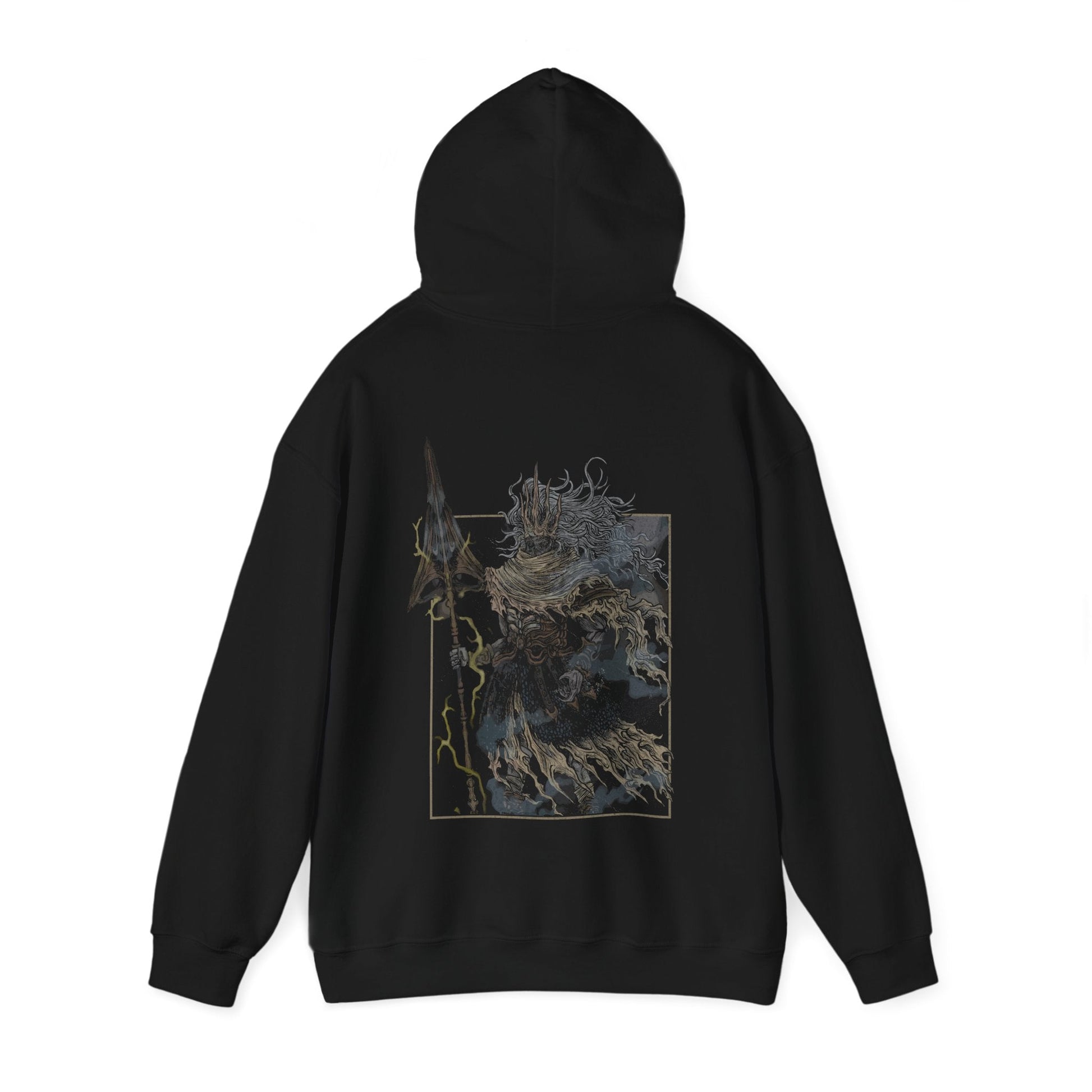 Image number 4 of a Hooded Sweatshirt featuring the Nameless King from Dark Souls 3 in a grim design, showcasing his regal yet fearsome presence atop the Stormdrake, perfect for fans who revere this legendary warrior and his epic boss battle in Archdragon Peak.