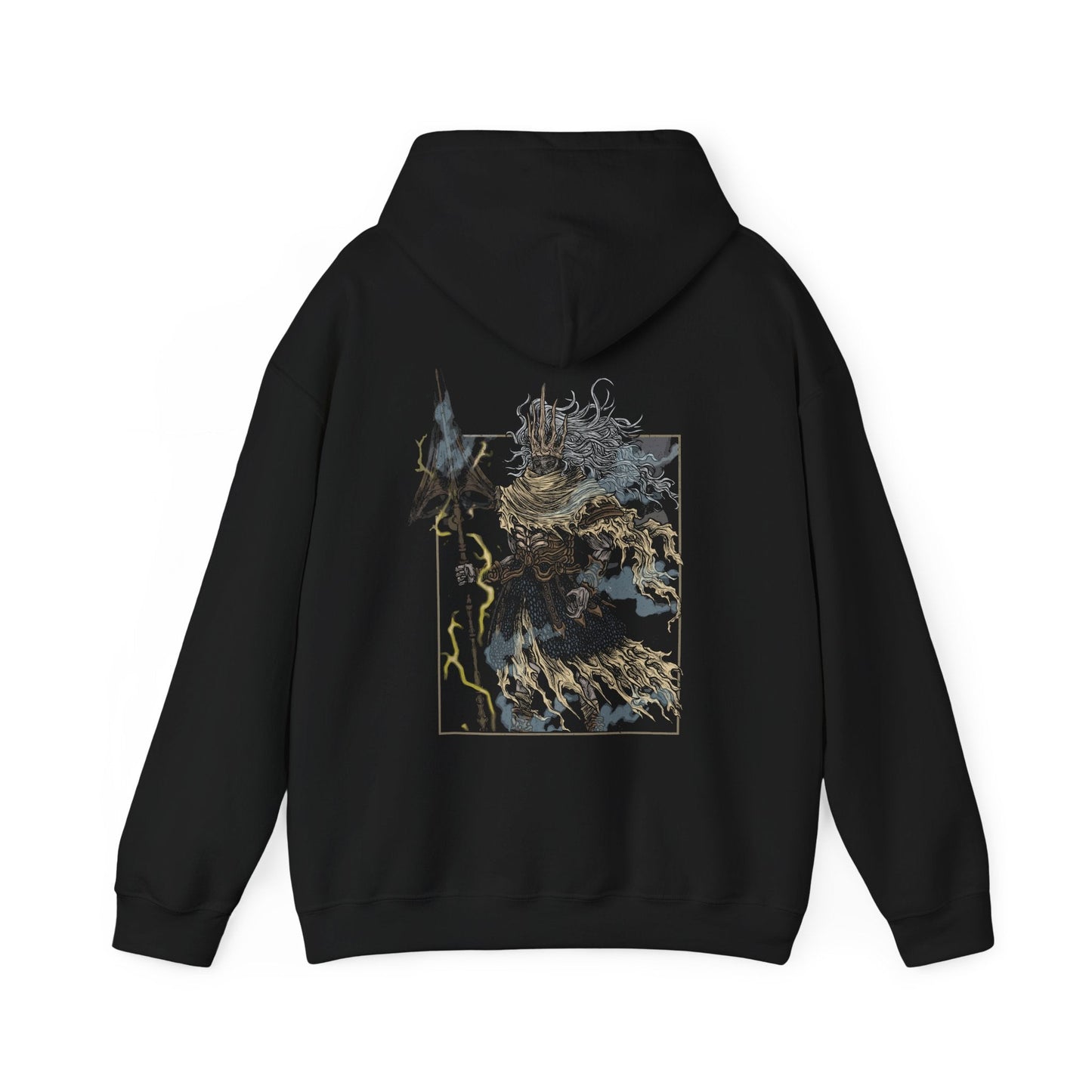 Image 5 of a Hooded Sweatshirt showcasing the Nameless King from Dark Souls, a towering figure wreathed in lightning and myth. Once Gwyn’s heir, he severed ties with his kin to follow the path of dragons, earning exile and erasure from history. This design highlights his flowing golden mane, ornate armor, and mastery of the storm—embodying one of the game’s most challenging and awe-inspiring boss fights.
