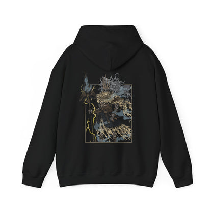 Image 5 of a Hooded Sweatshirt showcasing the Nameless King from Dark Souls, a towering figure wreathed in lightning and myth. Once Gwyn’s heir, he severed ties with his kin to follow the path of dragons, earning exile and erasure from history. This design highlights his flowing golden mane, ornate armor, and mastery of the storm—embodying one of the game’s most challenging and awe-inspiring boss fights.