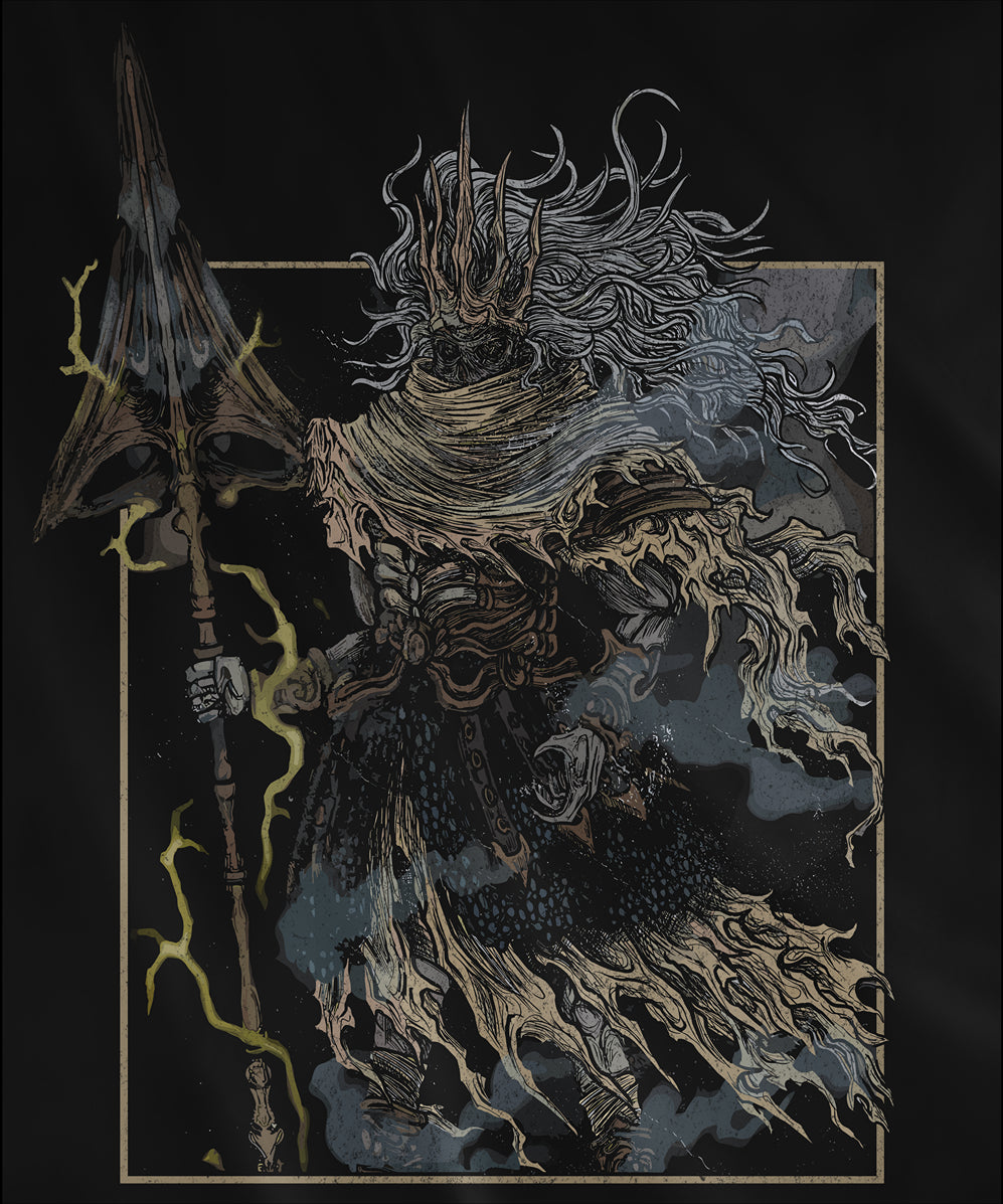 Design used for a Hooded Sweatshirt featuring the Nameless King from Dark Souls 3 in a grim design, showcasing his regal yet fearsome presence atop the Stormdrake, perfect for fans who revere this legendary warrior and his epic boss battle in Archdragon Peak.