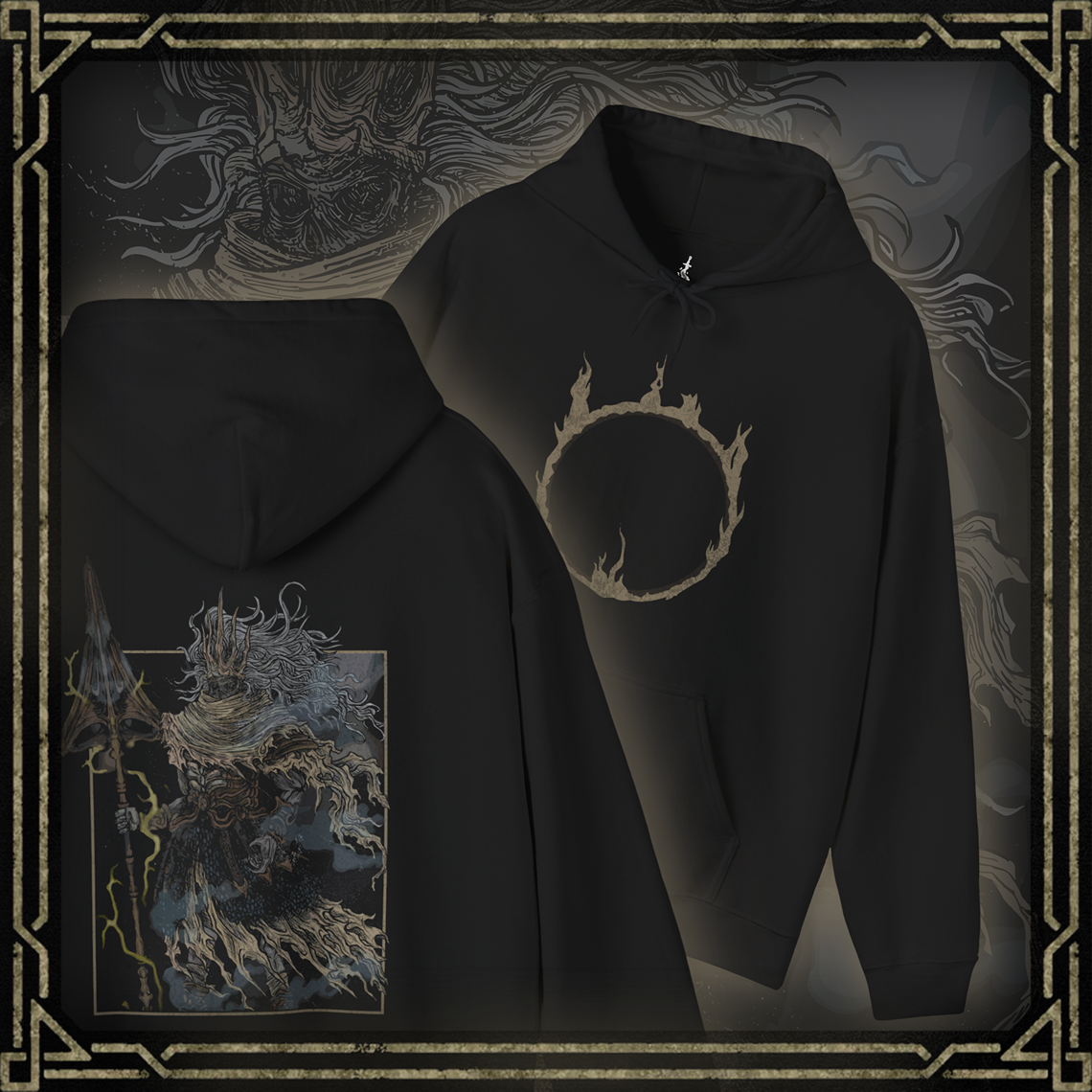 Thumbnail of a Hooded Sweatshirt featuring the Nameless King from Dark Souls 3 in a grim design, showcasing his regal yet fearsome presence atop the Stormdrake, perfect for fans who revere this legendary warrior and his epic boss battle in Archdragon Peak.