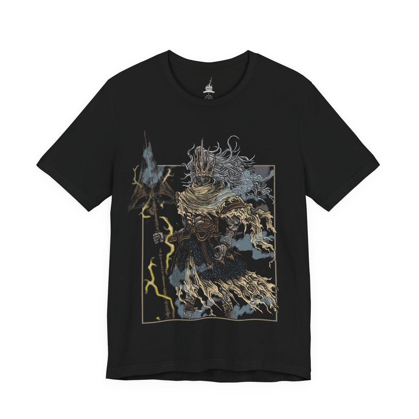 Image 4 of a T-shirt featuring the Nameless King from Dark Souls III, the forgotten son of Gwyn and slayer of dragons who forsook his throne to ally with the storm. Mounted atop his Stormdrake, King of the Storm, he commands lightning and wind with divine authority. This design captures the epic scale of his battle, symbolizing betrayal, divine wrath, and the hidden legacy of the gods.