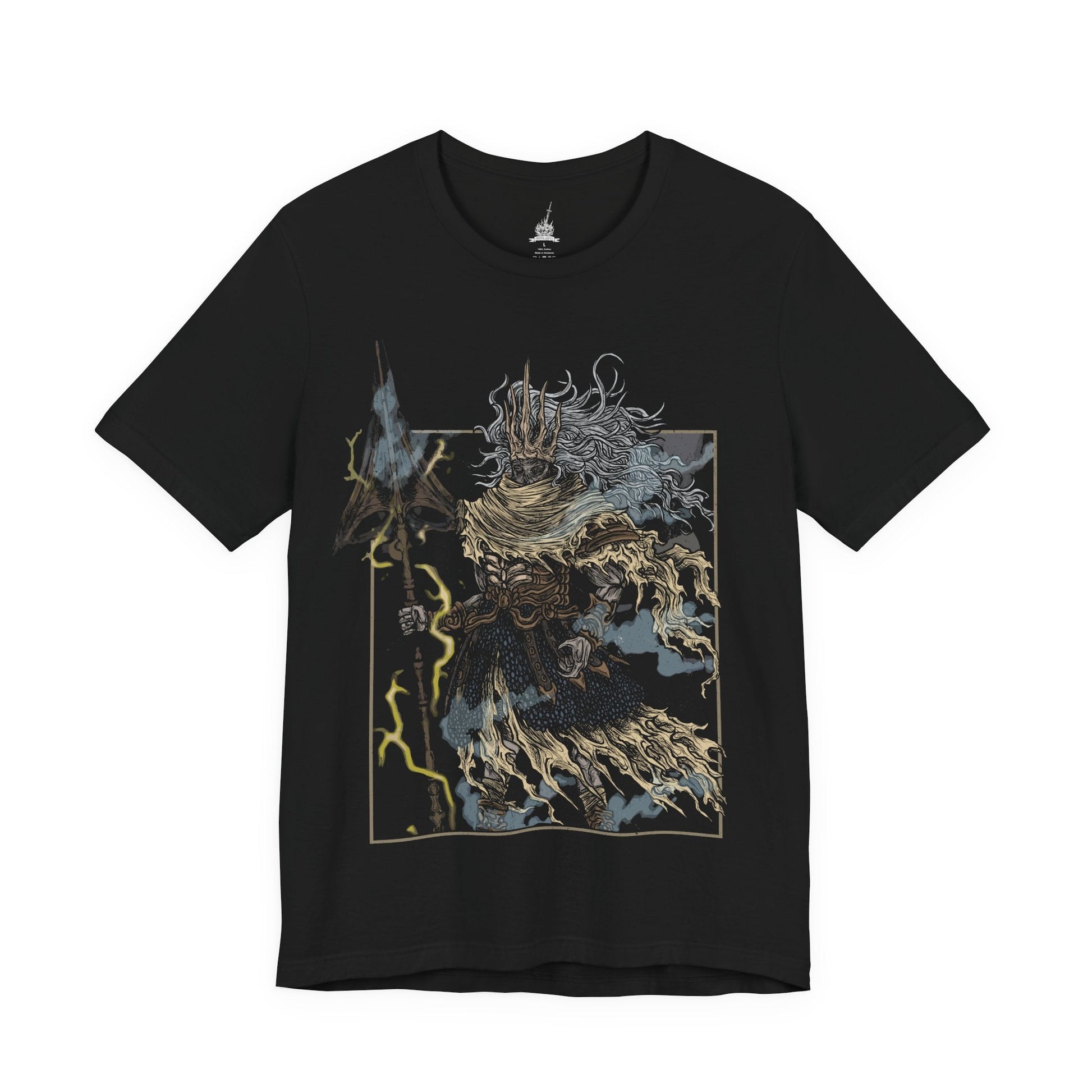Image 4 of a T-shirt featuring the Nameless King from Dark Souls III, the forgotten son of Gwyn and slayer of dragons who forsook his throne to ally with the storm. Mounted atop his Stormdrake, King of the Storm, he commands lightning and wind with divine authority. This design captures the epic scale of his battle, symbolizing betrayal, divine wrath, and the hidden legacy of the gods.