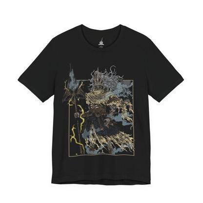 Image 4 of a T-shirt featuring the Nameless King from Dark Souls III, the forgotten son of Gwyn and slayer of dragons who forsook his throne to ally with the storm. Mounted atop his Stormdrake, King of the Storm, he commands lightning and wind with divine authority. This design captures the epic scale of his battle, symbolizing betrayal, divine wrath, and the hidden legacy of the gods.