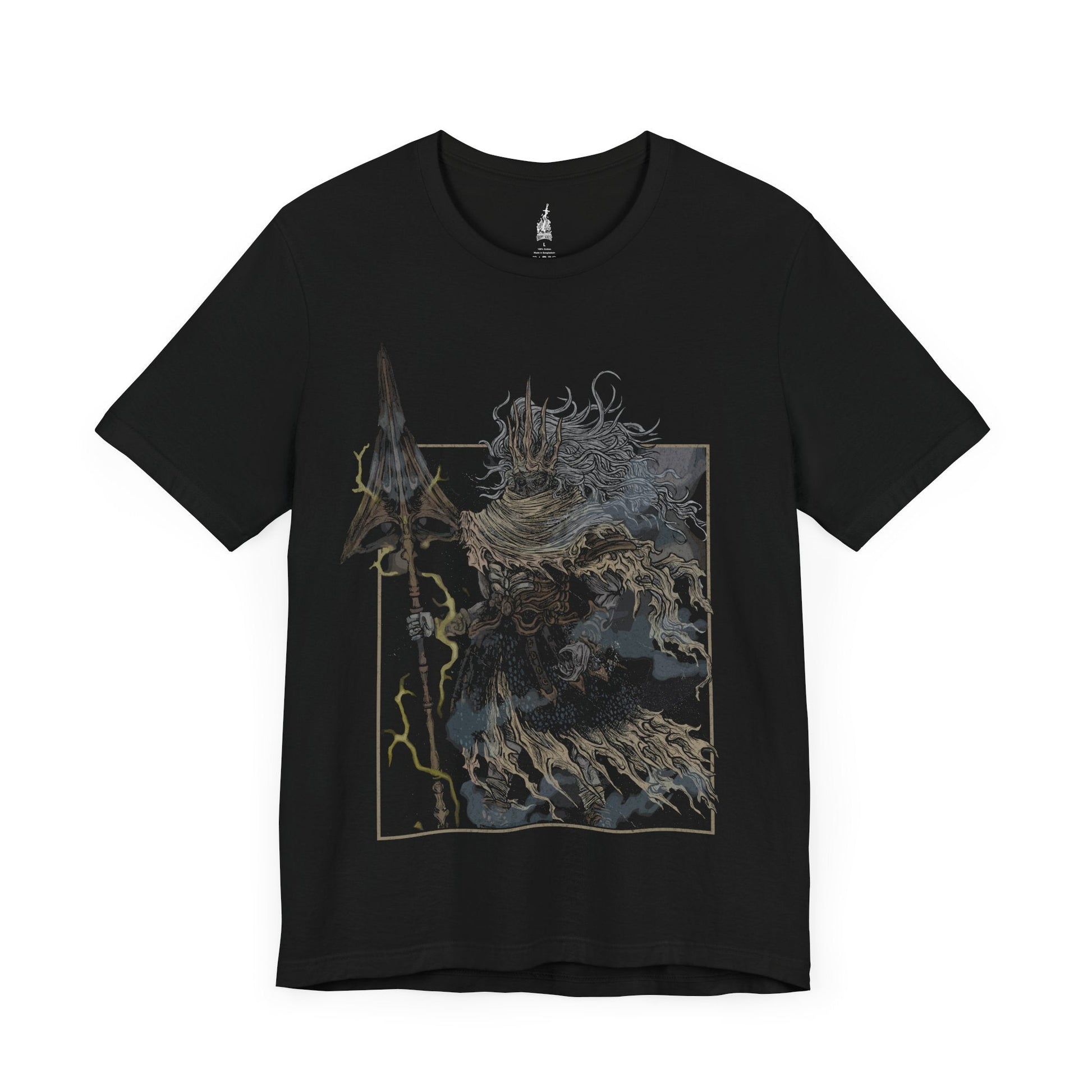 Image number 3 of a Black T-shirt featuring the Nameless King from Dark Souls 3 in a grim design, showcasing his regal yet fearsome presence atop the Stormdrake, perfect for fans who revere this legendary warrior and his epic boss battle in Archdragon Peak.