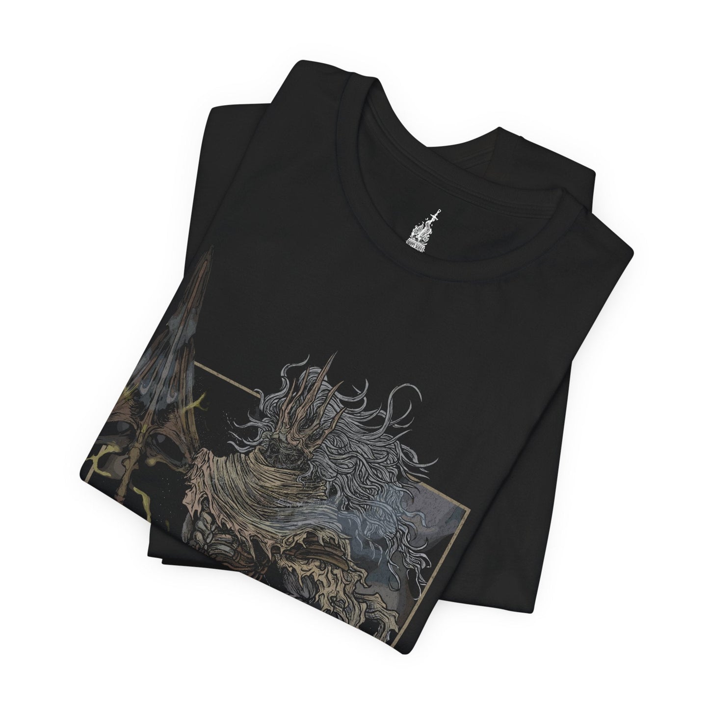 Folded T-shirt featuring the Nameless King from Dark Souls 3 in a grim design, showcasing his regal yet fearsome presence atop the Stormdrake, perfect for fans who revere this legendary warrior and his epic boss battle in Archdragon Peak.