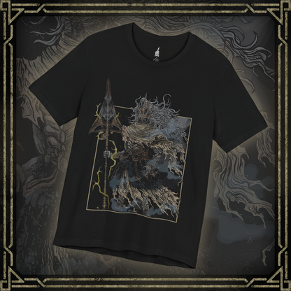 Thumbnail of a T-shirt featuring the Nameless King from Dark Souls 3 in a grim design, showcasing his regal yet fearsome presence atop the Stormdrake, perfect for fans who revere this legendary warrior and his epic boss battle in Archdragon Peak.