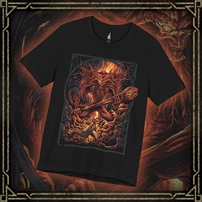 Thumbnail of a T-shirt featuring the Old Demon King from Dark Souls, displaying his ancient, fiery form amid ashes and flames, perfect for fans who appreciate the lore and fierce resilience of this legendary demon.