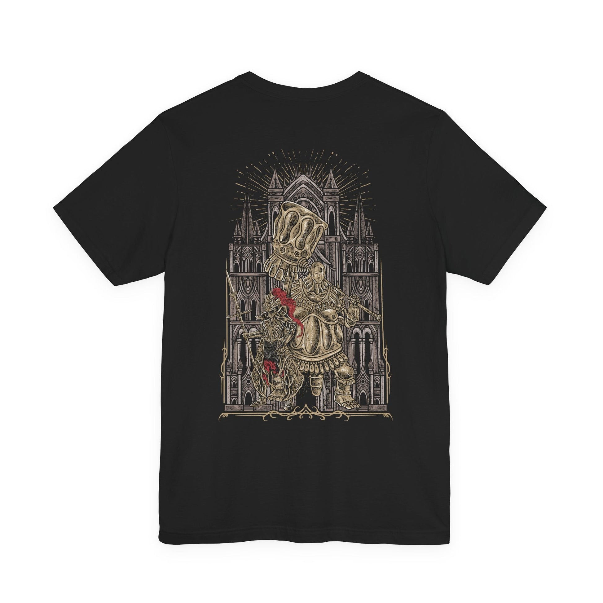Image 5 of a T-shirt artwork showcasing the imposing Ornstein and Smough in Anor Londo, their contrasting forms and weapons highlighting the peril of the cathedral. Lightning arcs from Ornstein’s spear as Smough swings his enormous hammer, with crumbling stone and sunlit beams reflecting the scale, strategy, and epic tension of this legendary battle.