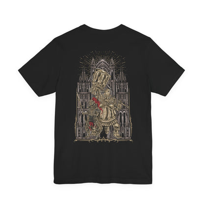 Image 5 of a T-shirt artwork showcasing the imposing Ornstein and Smough in Anor Londo, their contrasting forms and weapons highlighting the peril of the cathedral. Lightning arcs from Ornstein’s spear as Smough swings his enormous hammer, with crumbling stone and sunlit beams reflecting the scale, strategy, and epic tension of this legendary battle.