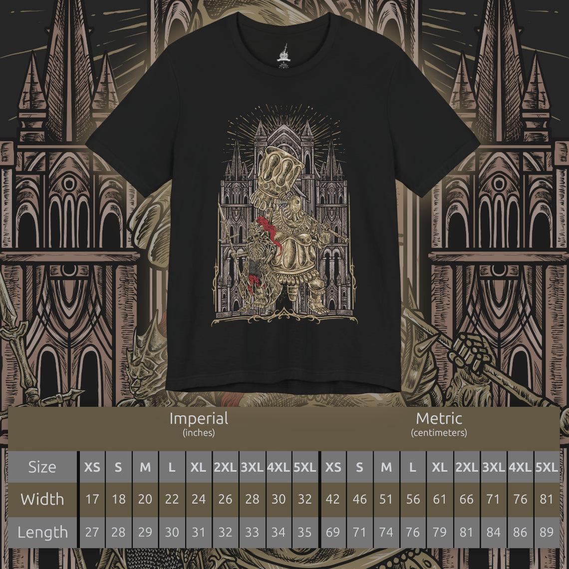 Size chart of a T-shirt artwork showcasing the imposing Ornstein and Smough in Anor Londo, their contrasting forms and weapons highlighting the peril of the cathedral. Lightning arcs from Ornstein’s spear as Smough swings his enormous hammer, with crumbling stone and sunlit beams reflecting the scale, strategy, and epic tension of this legendary battle.